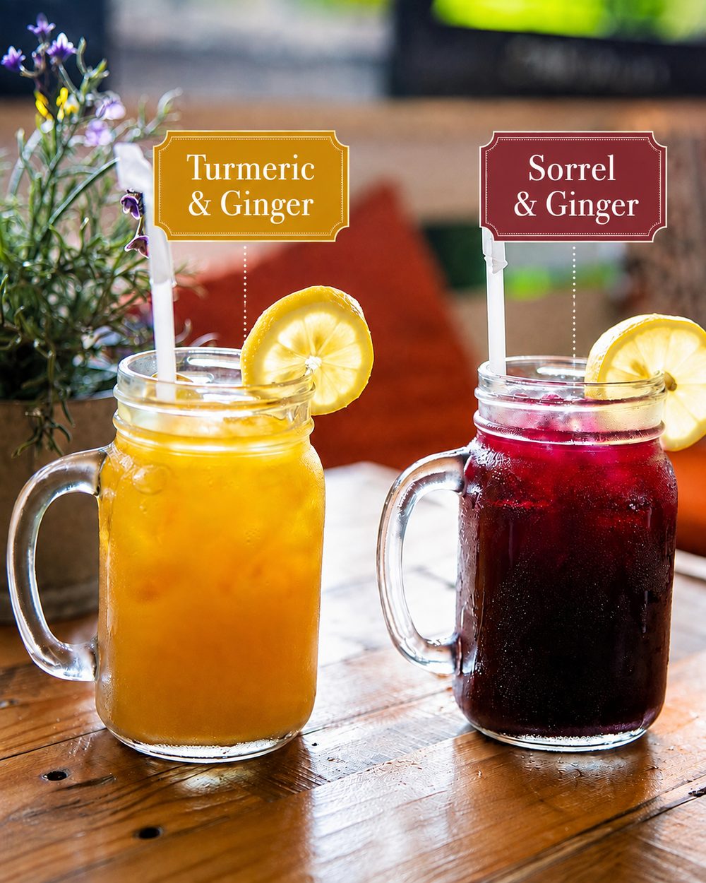 Two mason jars on a wooden table, one of turmeric and ginger juice and one of sorrel and ginger, each with a lemon slice.